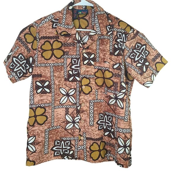 Roundy Bay Mens M Hawaiian Camp Shirt Floral Print Brown Yellow White Geometric - Picture 1 of 7